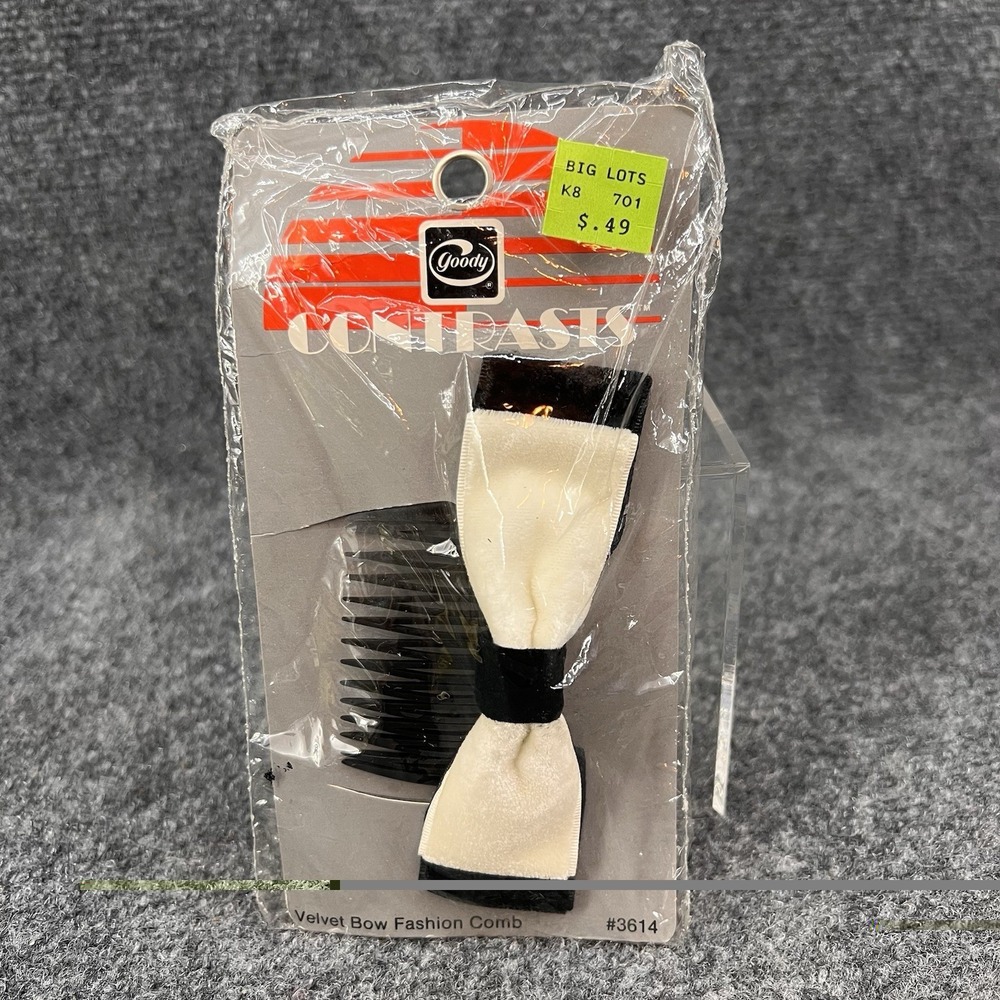 Vintage New 1986 Goody Contrast Black & White Velvet Bow Fashion Comb 3614